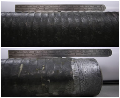 C22 clad morphology [top] and thickness [bot. 0.080in ] with GMAW with GTAW wash on 347 SS 2.5 inc OD x 0.3 MWT tube